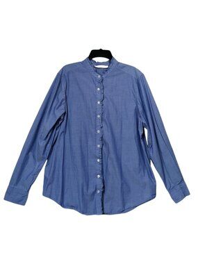 Signature Collection Womens Large Blue Ruffle Button Down Shirt Cotton